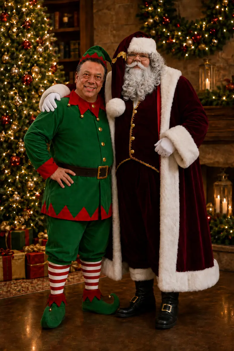 Santa Claus y su duende en una ambientación navideña